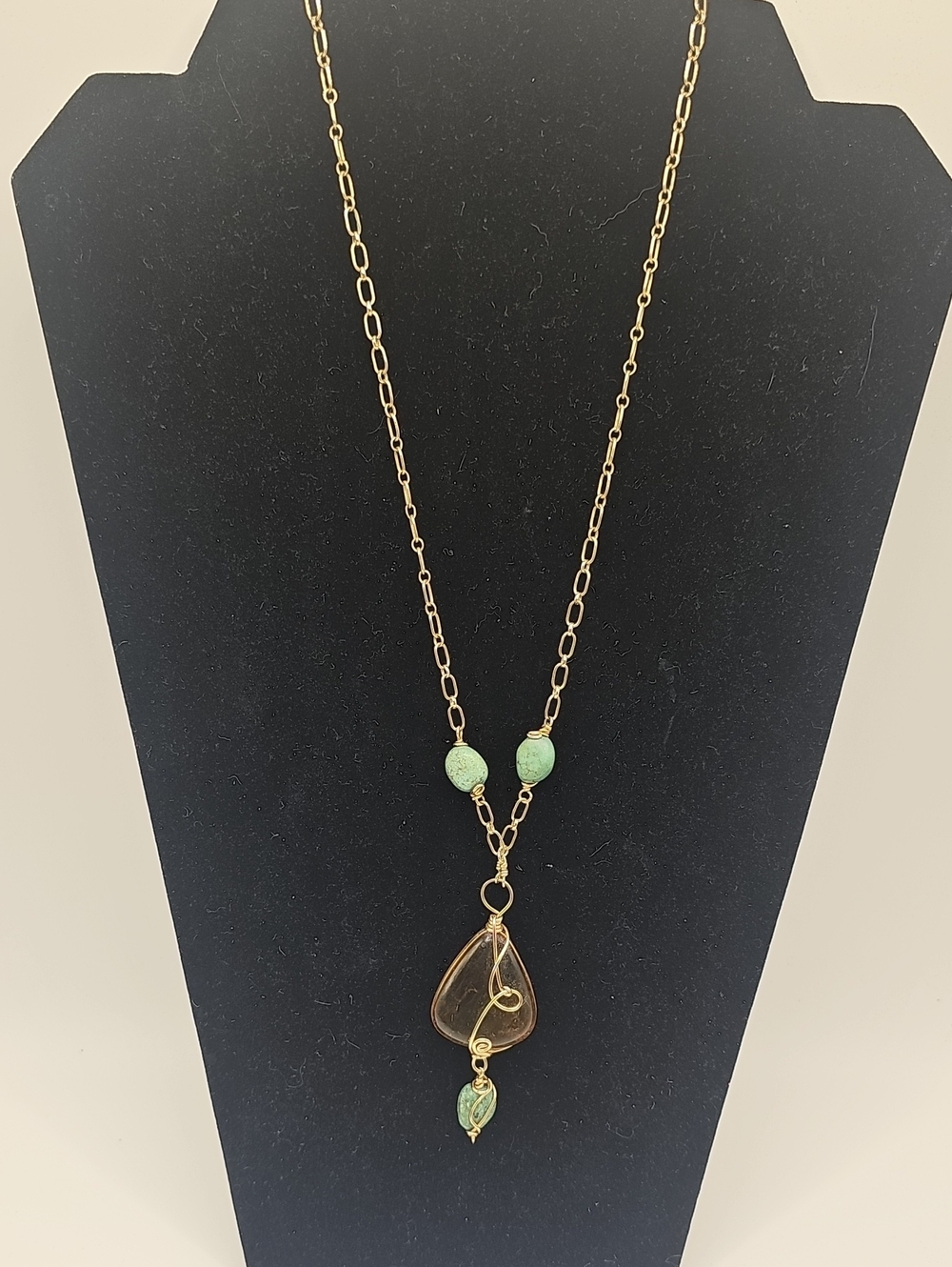 14 K Gold Chain Pendant Necklace W/AMBER stone & Tourquise Beads